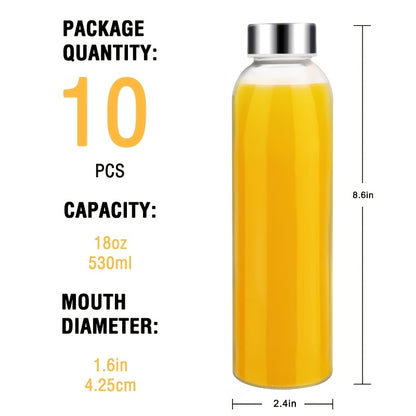 18 Oz Glass Water Bottles (With Lids), Juice Bottles, Clear Glass Juice Bottles for Juicing, Reusable Glass Juicer Bottles, with Stainless Steel Lids, BPA Free, Leak-Proof, Set of 10