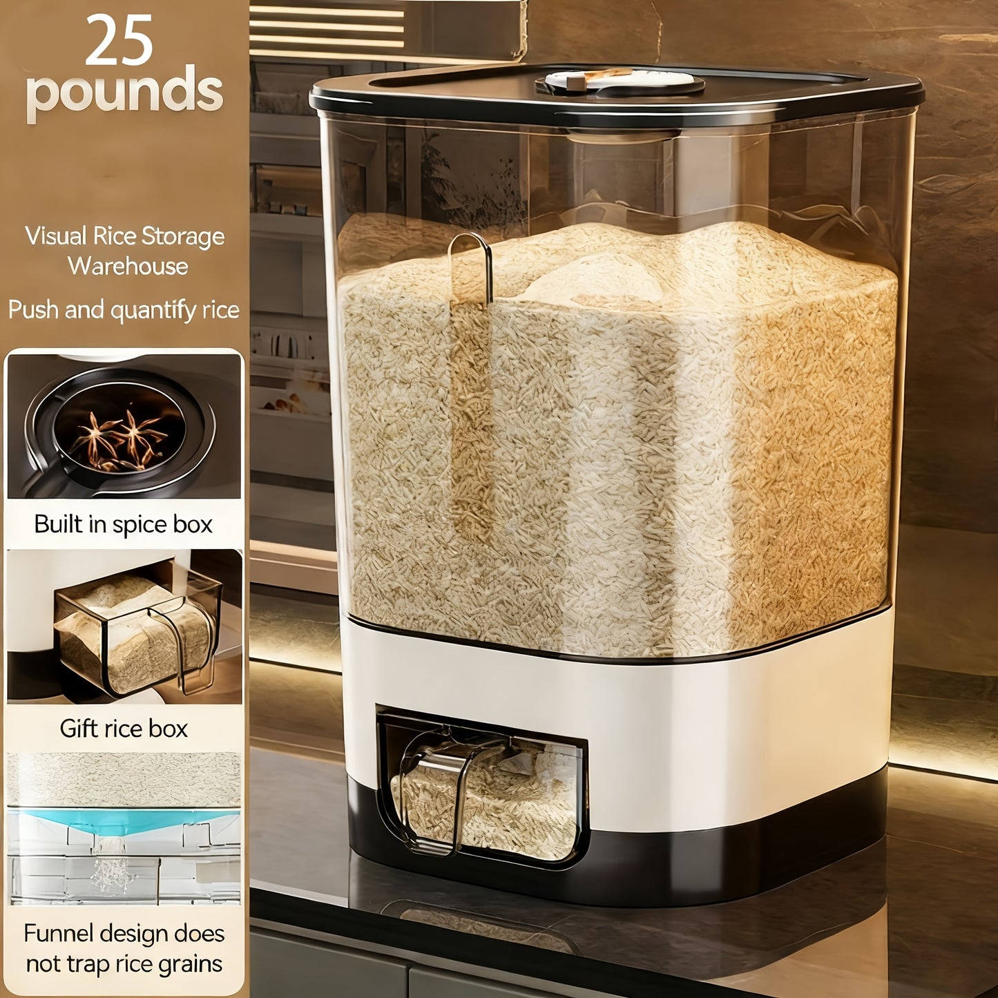 Golden Medal Automatic Rice Container with Measuring Cup | Large Capacity, Moisture-proof And Airtight Rice Container, Perfect for Storing Rice, Grains, Flour, Kitchen Essentials, And Pet Food for Cats And Dogs.
