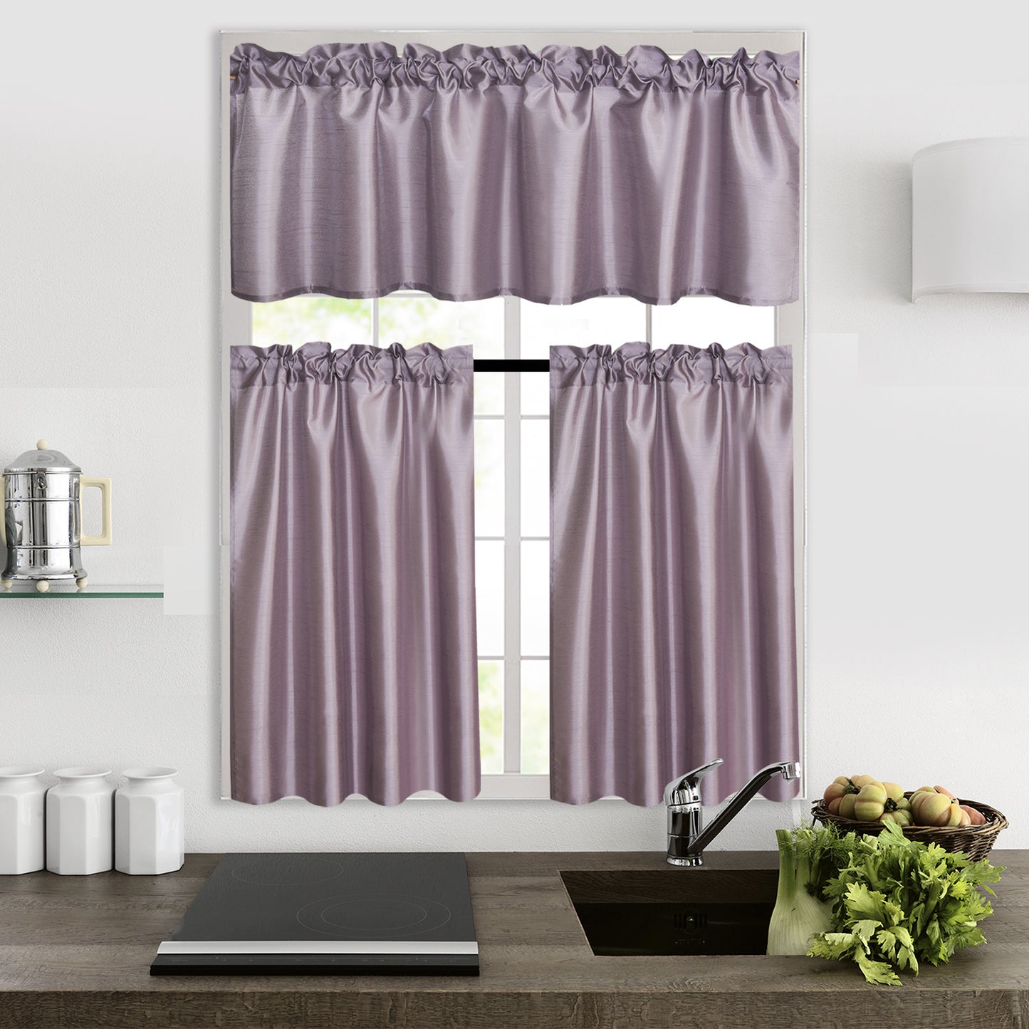 3 Panels Faux Silk Solid Color Sheer Kitchen Curtains Set Rod Pocket Design with 2 Tiers 26x36 inch Each and 1 Valance 52x14 inch for Kitchen Bathroom Privacy Drapes and curtains
