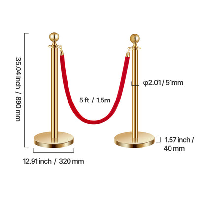 Stanchion Posts with Red Velvet Rope Set - Gold Crowd Control Barrier, 201 Stainless Steel Queue Poles with Sand-Fillable Base & 4-Way Connectors, for Wedding Event Party Museum Hotel, 4/6/8 Pcs