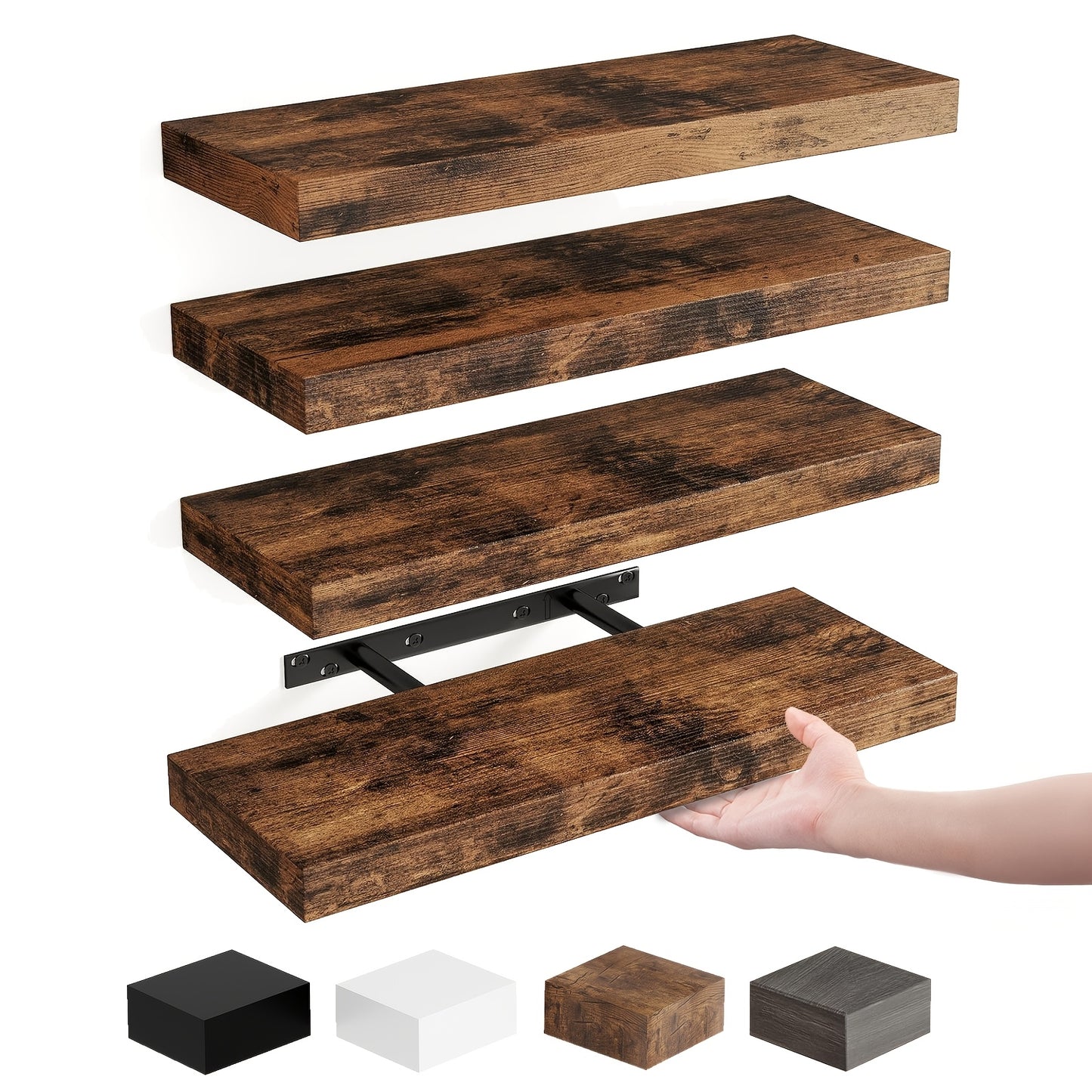 Floating Shelves for Wall 4/8pcs 15.8 Inch, Rustic Wood Wall Shelves with Invisible Brackets, Wall Mounted Display Shelf for Home Decor, Living Room, Bedroom, Bathroom – Walnut, Brown, Black, White, Gray