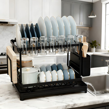 Two-Level Dish Drying Rack for Kitchen Surfaces, Dish Drainer with a Drainboard, Metal Kitchen Dish Holder with Drainage, Two-Tier Kitchen Drying Rack, Black Dish Holders