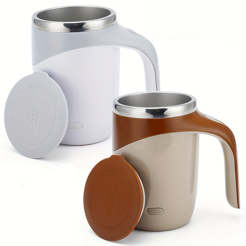 2pcs Self Stirring Coffee Mug with Magnetic Stirring Technology, 13.3oz 304 Stainless Steel Travel Mug, No Battery Needed, Ergonomic Handle & Spill-Proof Lid, Reusable Hand Wash Only, Christmas Birthday Gifts (White & Brown)