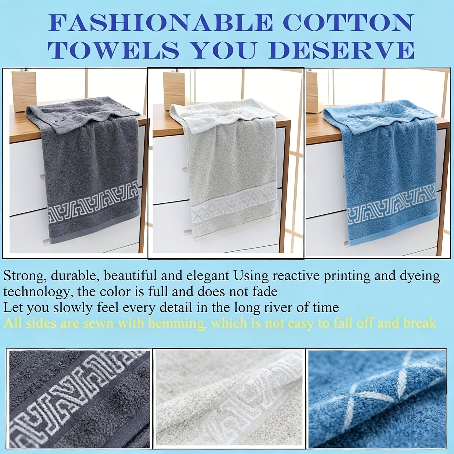 Luxury Bath Towel Set of 3 | Soft Microfiber Hand Towels, Quick Dry Absorbent Bathroom Towels, Coastal Pattern, 400 GSM, Spa Gym Home Decorative Towels for Adults