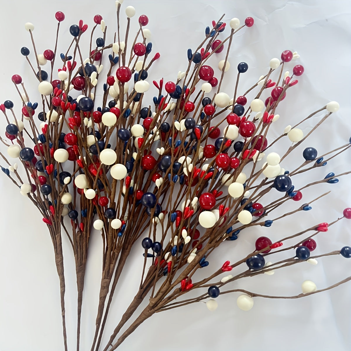 5pcs Red White and Blue Artificial Berry Branches, Plastic Fake Branches for Home Decor, Tabletops, Parties, Thanksgiving, Patriotic Style