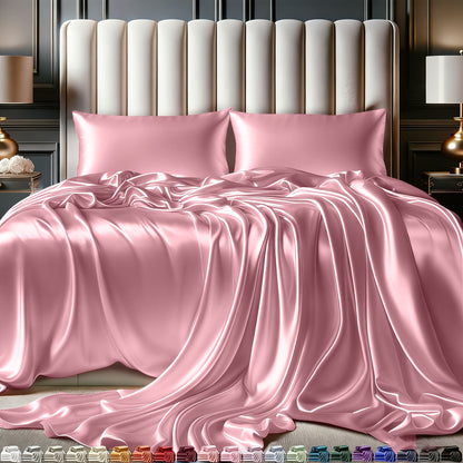 Satin Sheets Set 4pcs - Luxury Black Bedding with Smooth And Soft Microfiber And 15Inch Deep Pocket - Good for Hair And Skin And Child- Double Stitching, Wrinkle Free