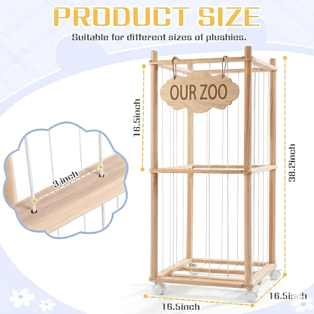 Stuffed Animal Storage Organizer - Thick Wooden Zoo for Playroom & Bedroom, Large Plushies Holder with Cute Jail Cage Design, Plush Display Tower Shelf (Large)