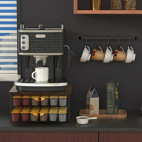 Coffee Pod Holder K-Cup Storage Drawer with Sliding Basket | 48-Capsule Double Layer Coffee Capsule Organizer for Countertop | Compatible with Nespresso Keurig Pods | Brown Coffee Bar Accessory