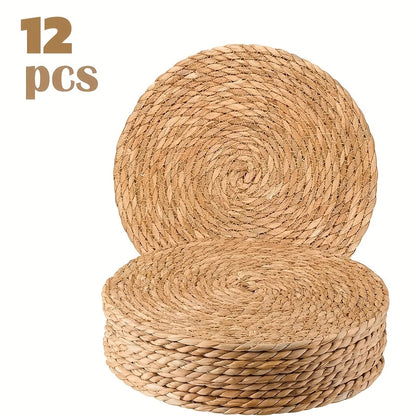 12pcs Natural Rattan Table Mats - Heat-Resistant Non-Slip Round Placemats, 11.8 Inches Rustic Bohemian Wicker Heat-Resistant Dish Mats for Kitchen & Dining Table, Holiday Party Decor (Christmas, Thanksgiving, Easter, Valentine'S