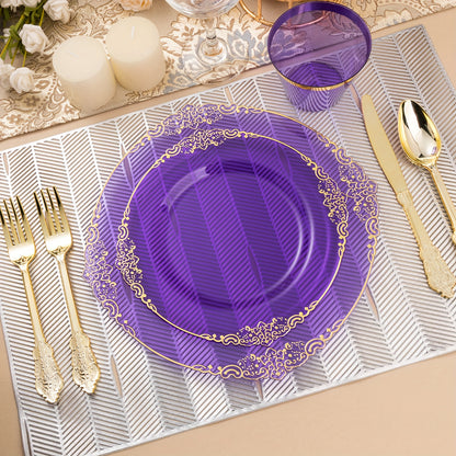 175pcs Clear Purple Plastic Plates for 25 Guests, Disposable Plates with Golden Trim Include 25 Dinner Plates, 25 Dessert Plates, 75 Golden Silverware, 25 Cups, 25 Napkins for Party, Wedding