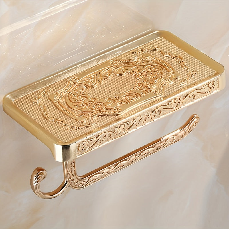 1pc/2pcs Antique Brass Roll Tissue Holder With Shelf-Elegant Wall-Hanging Vintage Toilet Paper Dispenser With Self-Adhesive Mount-Bathroom Accessories