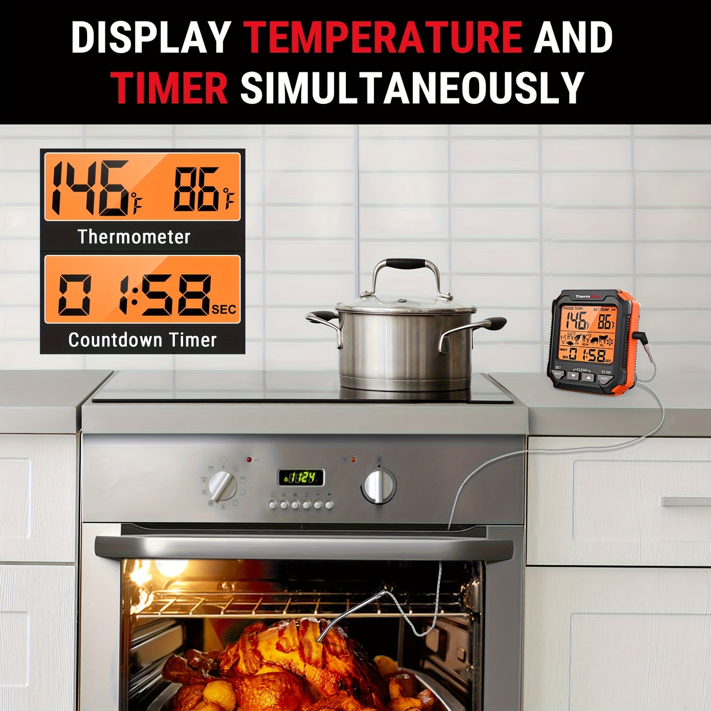 ThermoPro TP716 Digital Meat Thermometer | Backlit, Oven Safe with Meat Probes, Temp Alert for Smoker, BBQ, Oven, Plastic, Single Use, Dry Battery Powered, Can Be Given as a Gift