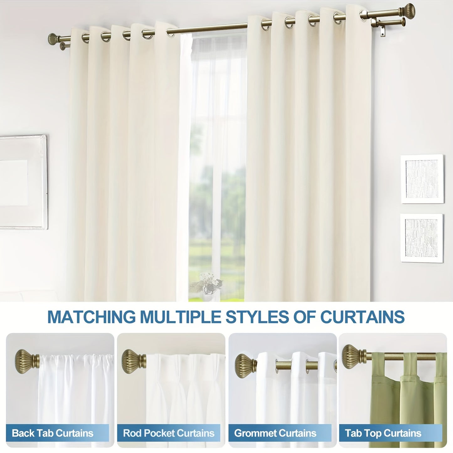 Adjustable Double Curtain Rods Featuring Fluted Ball Finials, Designed for Windows with a Front Diameter of 5/8 Inches And a Back Diameter of 1/2 Inches, Available in Sizes 28"-48", 48"-84", And 84"-120"