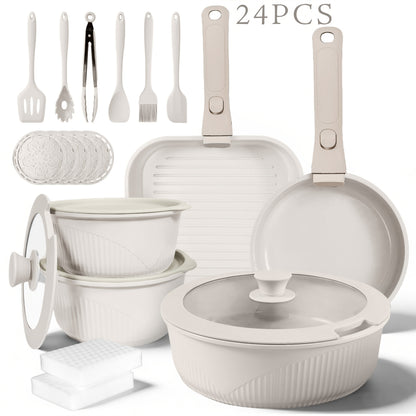 24pcs/7pcs/5pcs Cookware Set Non-Stick Pots & Pans Induction-Ready Kitchen Cookware Set Includes Skillet/Frying Pan/Soup Pot/Steak Pan Removable Handles Home & RV Kitchen Set Stackable Kitchen Accessories Easy To Clean Multiple Colors