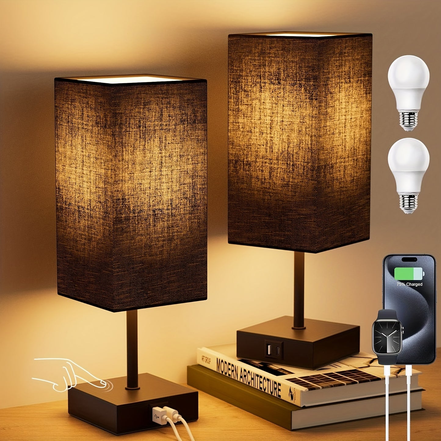 Set of 2 Bedside Lamps for The Bedroom, Featuring a 3-Way Dimmable Touch Function And USB C+A Charging Ports. These Compact Nightstand Lamps Are Perfect for Bedroom Decor And Living Rooms, And Come with LED Bulbs Included in an Upgraded Navy Blue De