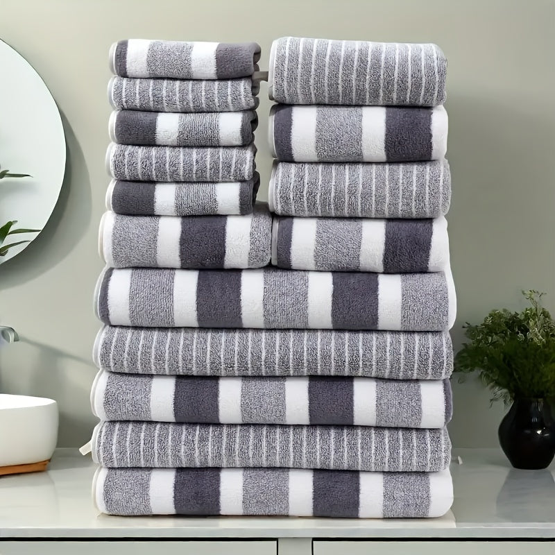 9/15pcs Classic Towel Set, No Hair Loss, Super Absorbent, Super Soft Two-color Striped Interval Bath Towel Combination, Including 2 Large Bath Towels, 2 Large Face Towels, 5 Hand Towels, Bathroom Supplies, And Beach Essentials, Wash Cloths