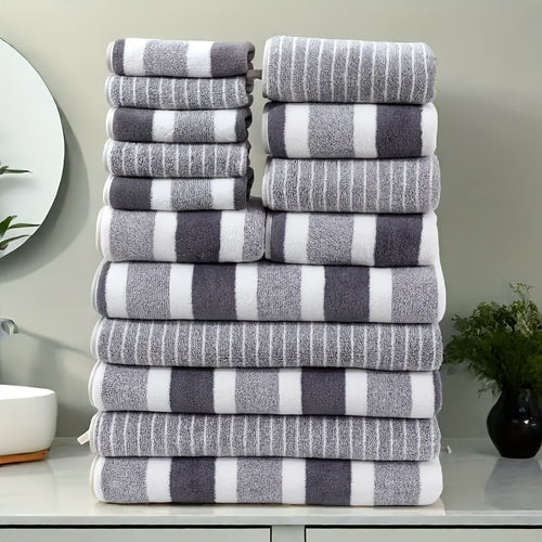 9/15pcs Classic Towel Set, No Hair Loss, Super Absorbent, Super Soft Two-color Striped Interval Bath Towel Combination, Including 2 Large Bath Towels, 2 Large Face Towels, 5 Hand Towels, Bathroom Supplies, And Beach Essentials, Wash Cloths