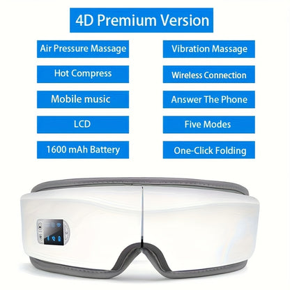 Eye Massager 4D Kneading Vibration Hot Compress Bluetooth Music Massage – Rechargeable Portable Eye Relax Device for Stress Relief