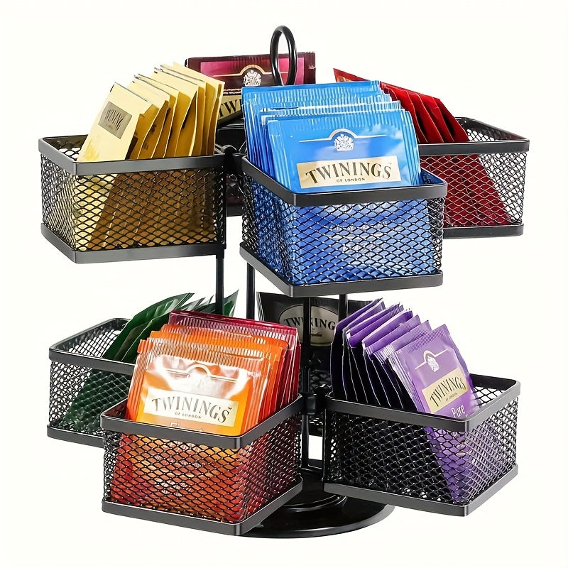 Tea Bag Organizer Storage Holder 360-Degrees Spinning Carousel, 8 Compartments TeaBags Display Rack With Lazy Susan Platform For Kitchen Home Office Coffee Bar Counter -Black