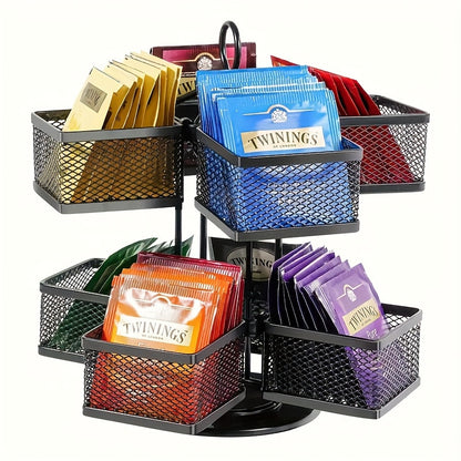 Tea Bag Organizer Storage Holder 360-Degrees Spinning Carousel, 8 Compartments TeaBags Display Rack With Lazy Susan Platform For Kitchen Home Office Coffee Bar Counter -Black
