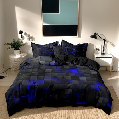 3D Geometric Cube Design Quilt Cover Set | 3-Piece Polyester Bedding | Black & Blue Grid Print | All-Season Soft Cover | 1 Duvet Cover + 2 Pillowcases | Machine Washable
