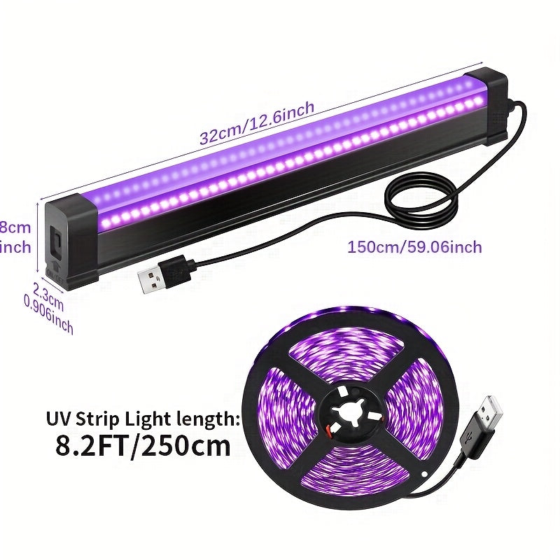 8pcs Set, UV Black Light Bars and Strips, Plastic, 385-400nm, USB Powered 5V, Switch Control, for Glow Party, Neon Party, Halloween, Body Painting, Birthday Party, Fluorescent Painting, 4pcs 32cm/12.6in 40LEDs + 4pcs 250cm/8.2ft 60LEDs/M