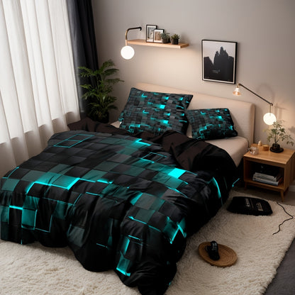 3D Geometric Cube Design Quilt Cover Set | 3-Piece Polyester Bedding | Black & Blue Grid Print | All-Season Soft Cover | 1 Duvet Cover + 2 Pillowcases | Machine Washable