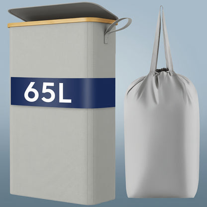 Slim Laundry Hamper With Lid, Narrow Laundry Basket With Removable Bag & Bamboo Handles, Fodable Thin Dirty Clothes Hamper, Laundry Collapsible Bin For Bathroom Bedroom Dorm, Room Decor, Storage And Organization, 13.21gal/17.17gal/19.81gal, Laundry Hamper