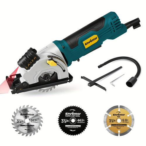 ENVENTOR Mini Circular Saw, 4.8A Electric Circular Saw Corded with Laser Guide, 4000RPM, 3 Saw Blades 3-3/8" Max Cutting Depth 1-1/16", Compact Hand Saw for Wood, Soft Metal, Tile, Plastic Cuts