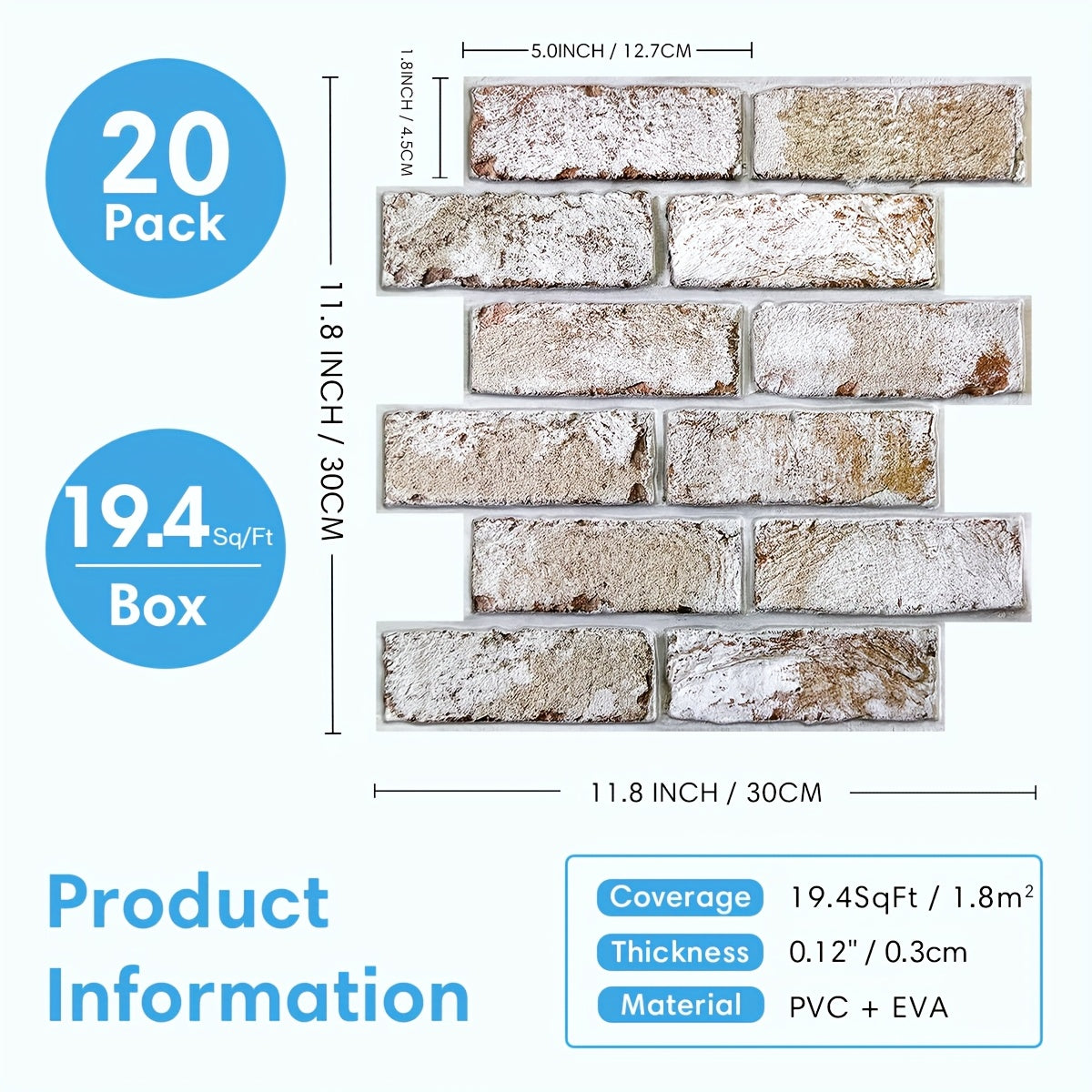 20pcs Pack Self-Adhesive PVC Faux Brick Wall Panels - Realistic 3D Textured Peel and Stick Panels Suitable for Fireplace Surround, Kitchen Backsplash, DIY Brick Installation