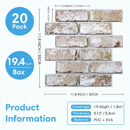 20pcs Pack Self-Adhesive PVC Faux Brick Wall Panels - Realistic 3D Textured Peel and Stick Panels Suitable for Fireplace Surround, Kitchen Backsplash, DIY Brick Installation