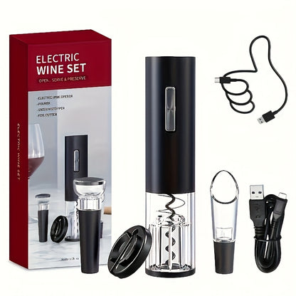 4-in-1 Rechargeable Electric Wine Opener Set, Featuring A Blue LED Indicator, Vacuum Stopper, Pourer, And Foil Cutter, Perfect For Home Use, Parties, And Weddings, An Ideal Gift For Wine Enthusiasts.