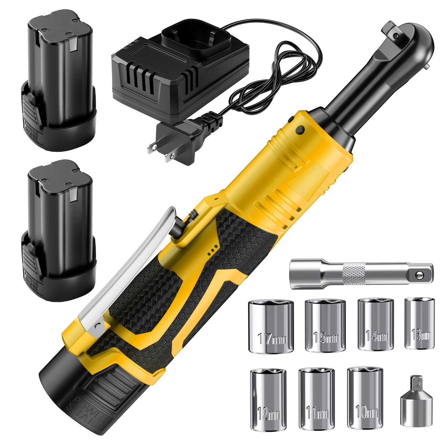 Yellow Cordless Electric Rachet Wrench Set, Ergonomic Grip, Variable Speed Trigger, 2-Pack Lithium-Ion Batteries, 9 Sockets For Car Repair, Home, Automotive Maintenance