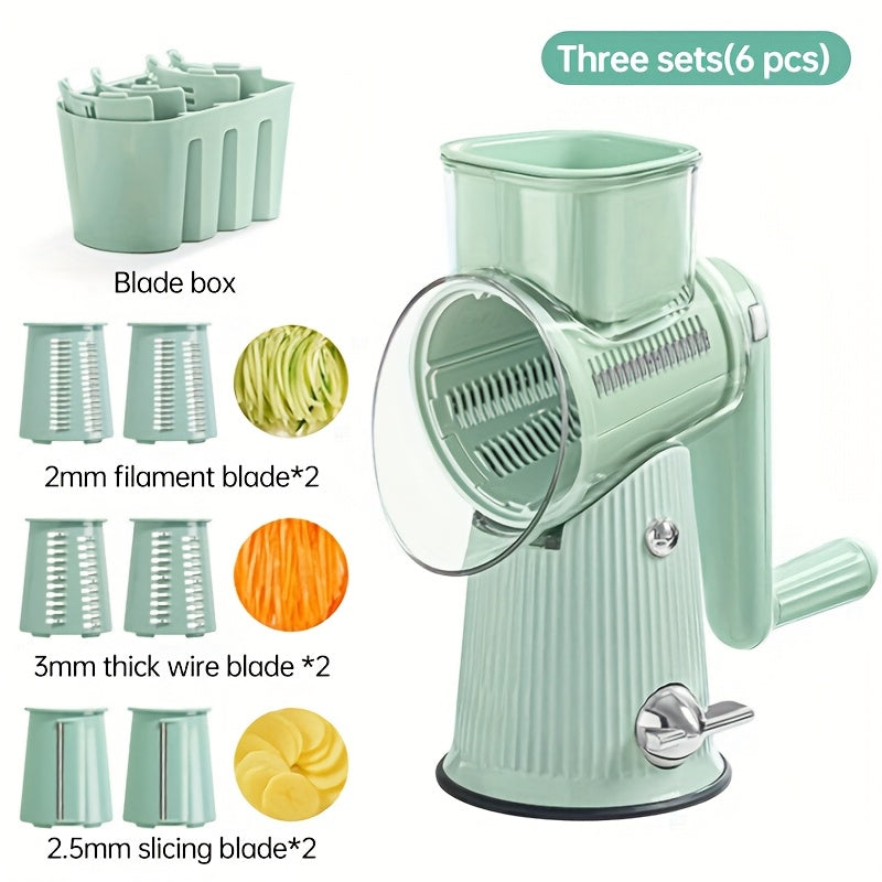 5-in-1 Manual Rotary Cheese Grater With Handle Interchangeable Blades, Easy To Clean Vegetable Slicer Shredder Set Strong Suction Cup Base Ideal For Fruits, Vegetables, And Nuts Multifunctional Kitchen Essential With Suction Cup Stability