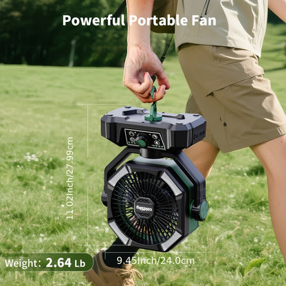Camping Fan with Dual Motors & 4 LED Lights – Portable Tent Fan with Remote Control, 8 Speed Settings, 20000mAh Battery & Hanging Hook for Outdoor Camping, Power Outages & Indoor Use