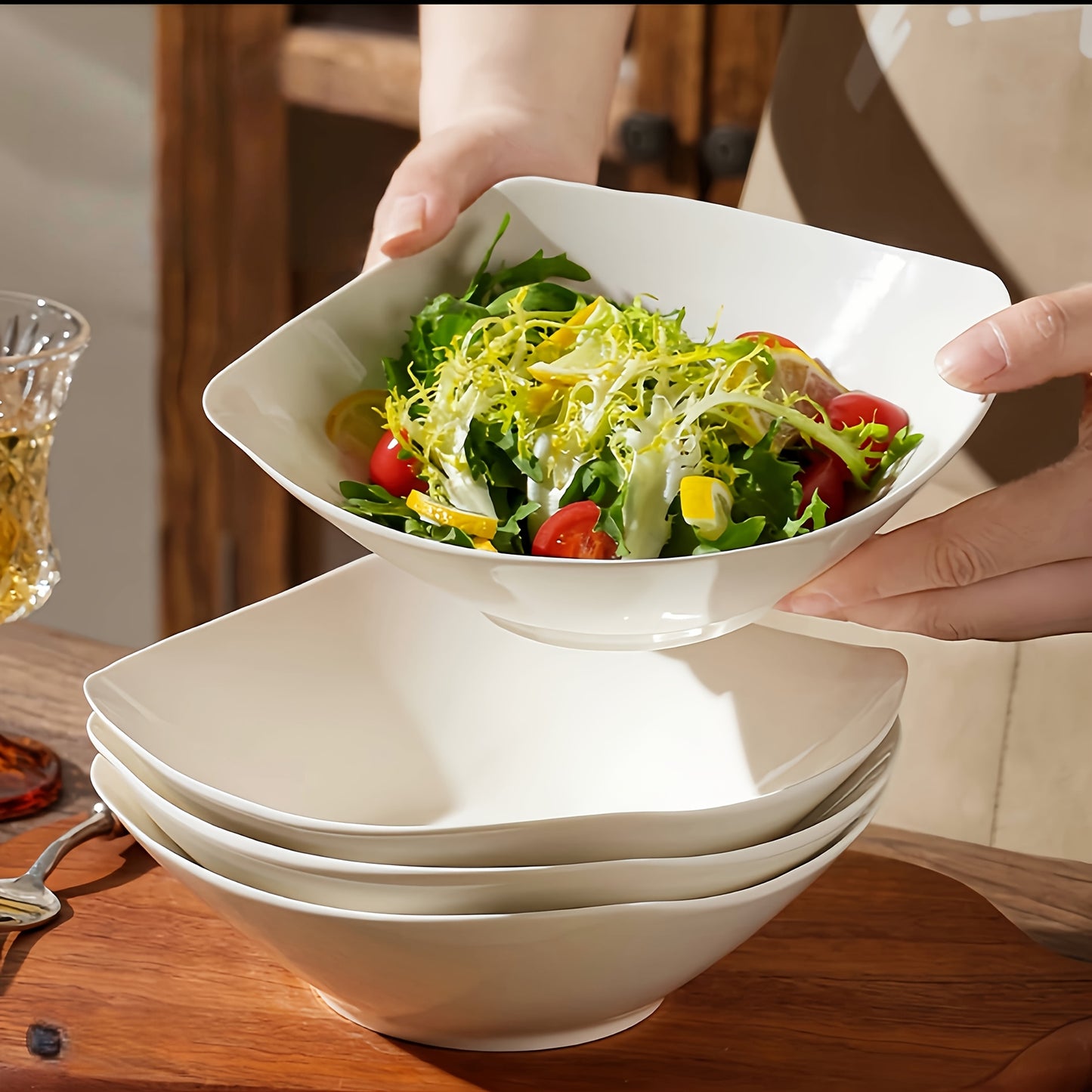 4/8/16pcs White Salad Bowl & Plate Set, Reusable PP Material. for Cold Dishes, Desserts, Party Foods. Ideal for Gatherings, Hotels, Outdoor Trips, Picnics, Weddings. Lightweight, Portable, Stackable, Microwave-safe. Practical Tableware.