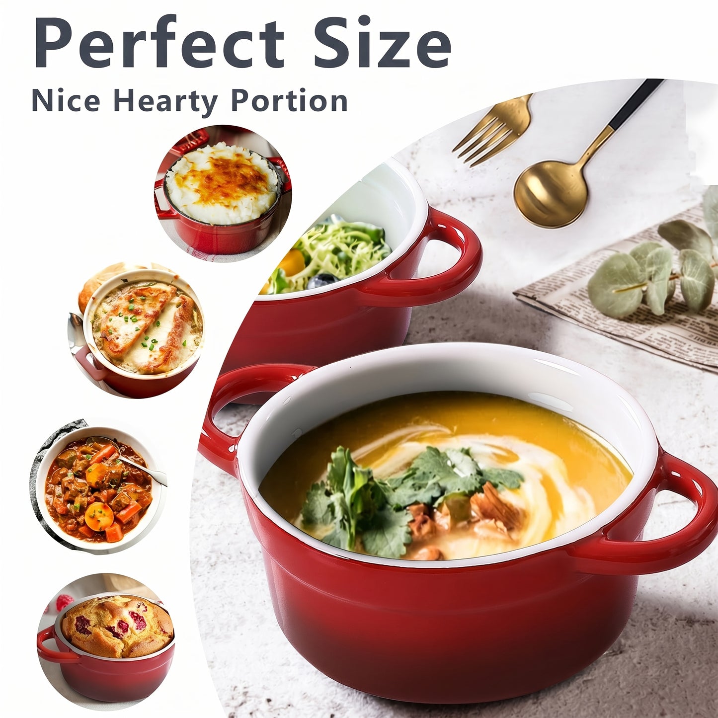 Set of 4 Mini Cocotte - 12Oz Ceramic Casserole Dishes - Kitchen Casserole Sets Featuring Handles And Lids - Small Baking Ramekins - Safe for Oven, Microwave & Dishwasher - Red