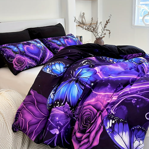 3pcs Purple Fancy Butterfly Love Flower Duvet Cover Set (1 Duvet Cover+2 Pillowcases Without Pillow Core), at Home Dormitory High Definition Numerical Code Printing Queen King Size