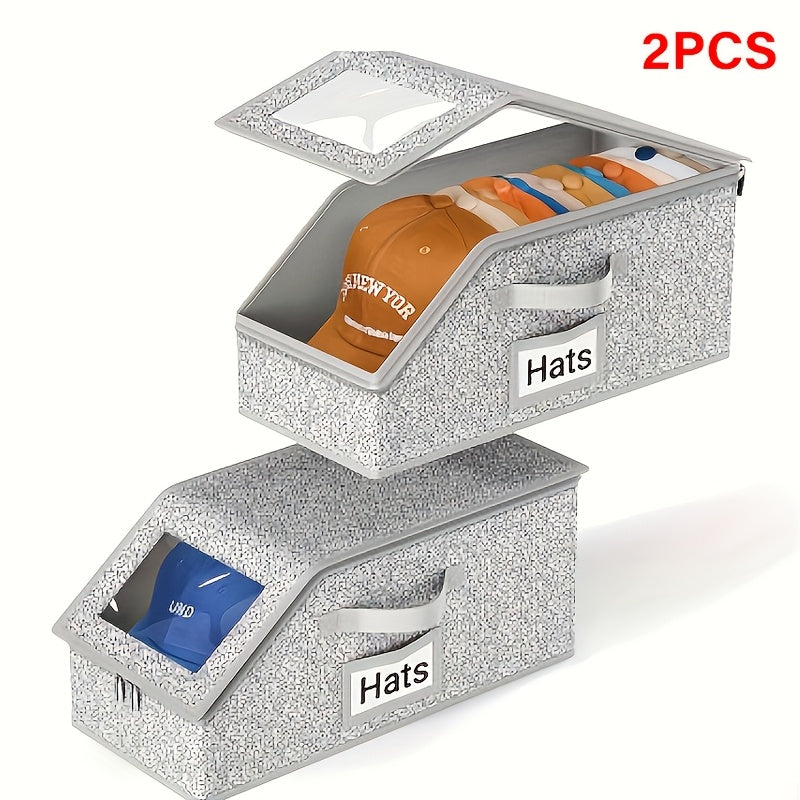 2 Baseball Cap Storage Boxes - Hat Organizer For Baseball Caps, Large Capacity Foldable, Stackable, Zippered Dustproof Multi-Purpose Closet Organizer, Suitable For Hats, Clothes, Durable Fabric Material