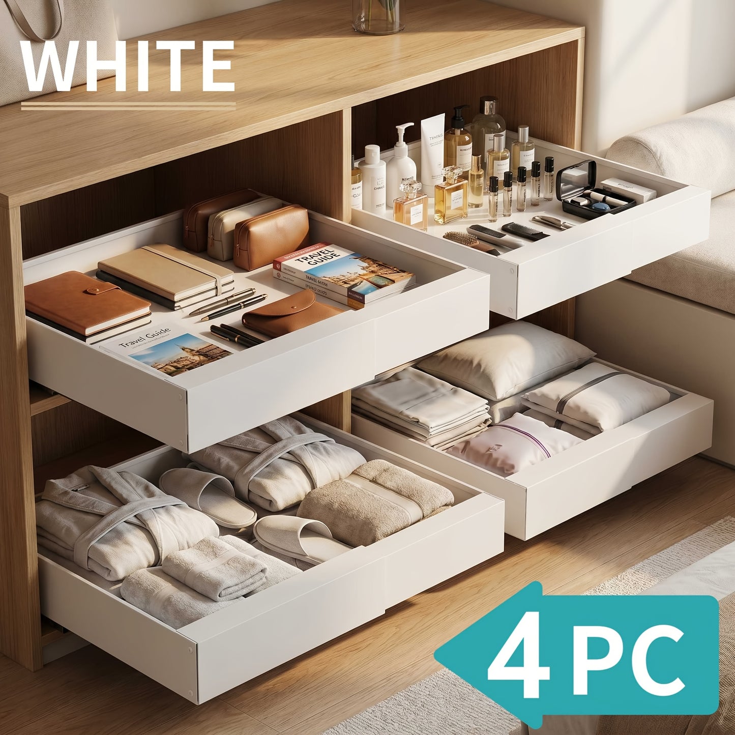 4-Pack Expandable Pull Out Cabinet Organizer, Heavy-Duty Carbon Steel Slide-Out Drawer (12.6"-20.5"W), Silent Sliding Roll-Out Shelf with Adhesive Nano Film Or Screw Installation, Rust-Resistant Storage Rack for Kitchen, Bathroom, And Pantry