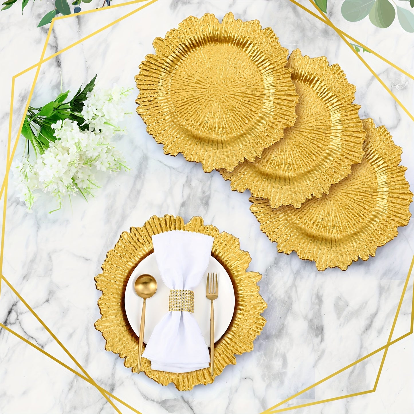 100pcs Wedding Plates, 13 Inch Plastic Wedding Floral Decorative Plates with Metallic Ruffled Rim for Wedding Party, Holiday Event Supplies