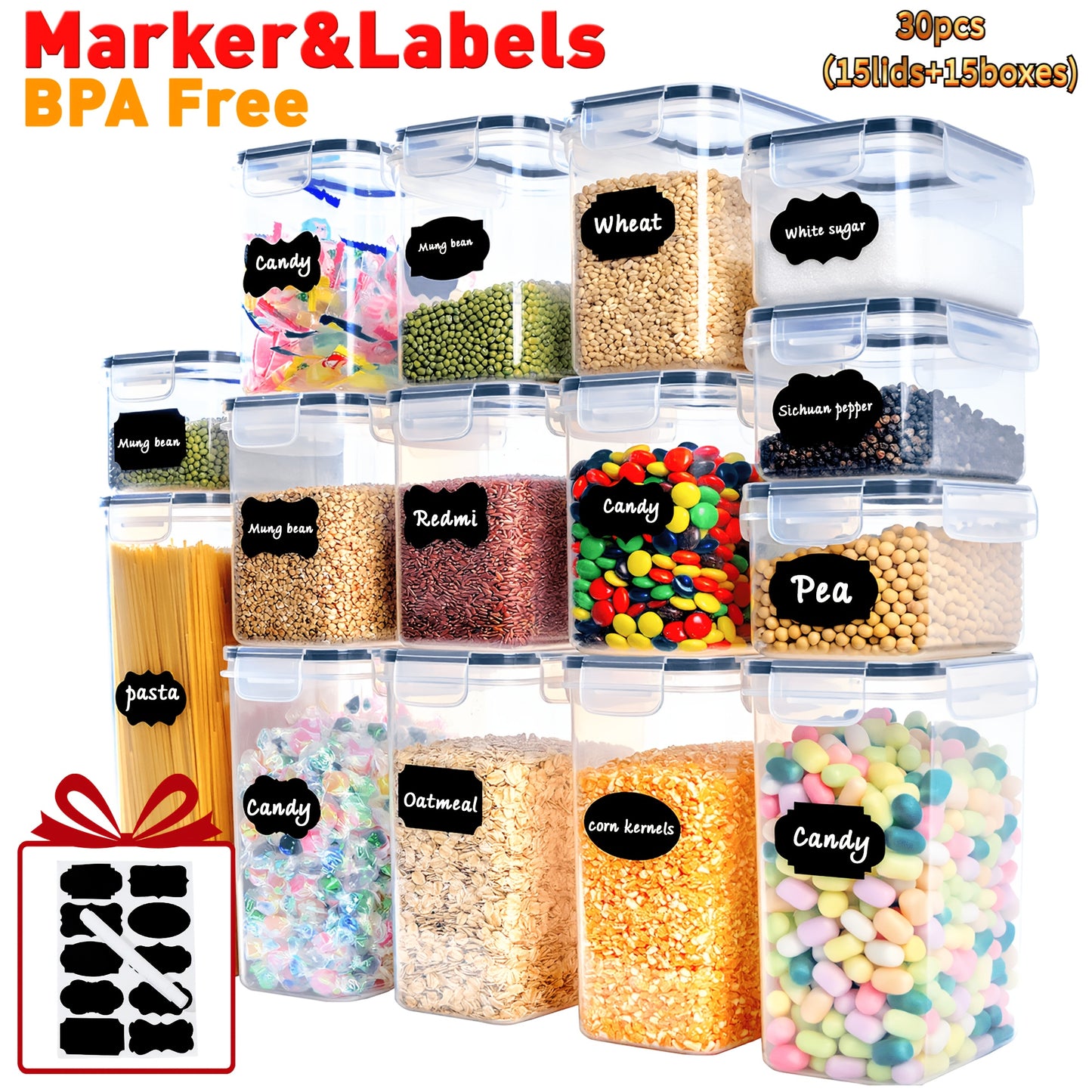 (4/8/15/16lids+4/8/15/16boxes) Plastic Food Airtight Box with Lids, Food Storage Containers, BPA Free, LeakProof, Stackable, for Kitchen, Grain, Nuts, Cereal, Pasta, Organizers And Storage, for Dog Food, Cat Food, with Labels And A Marker, Gifts
