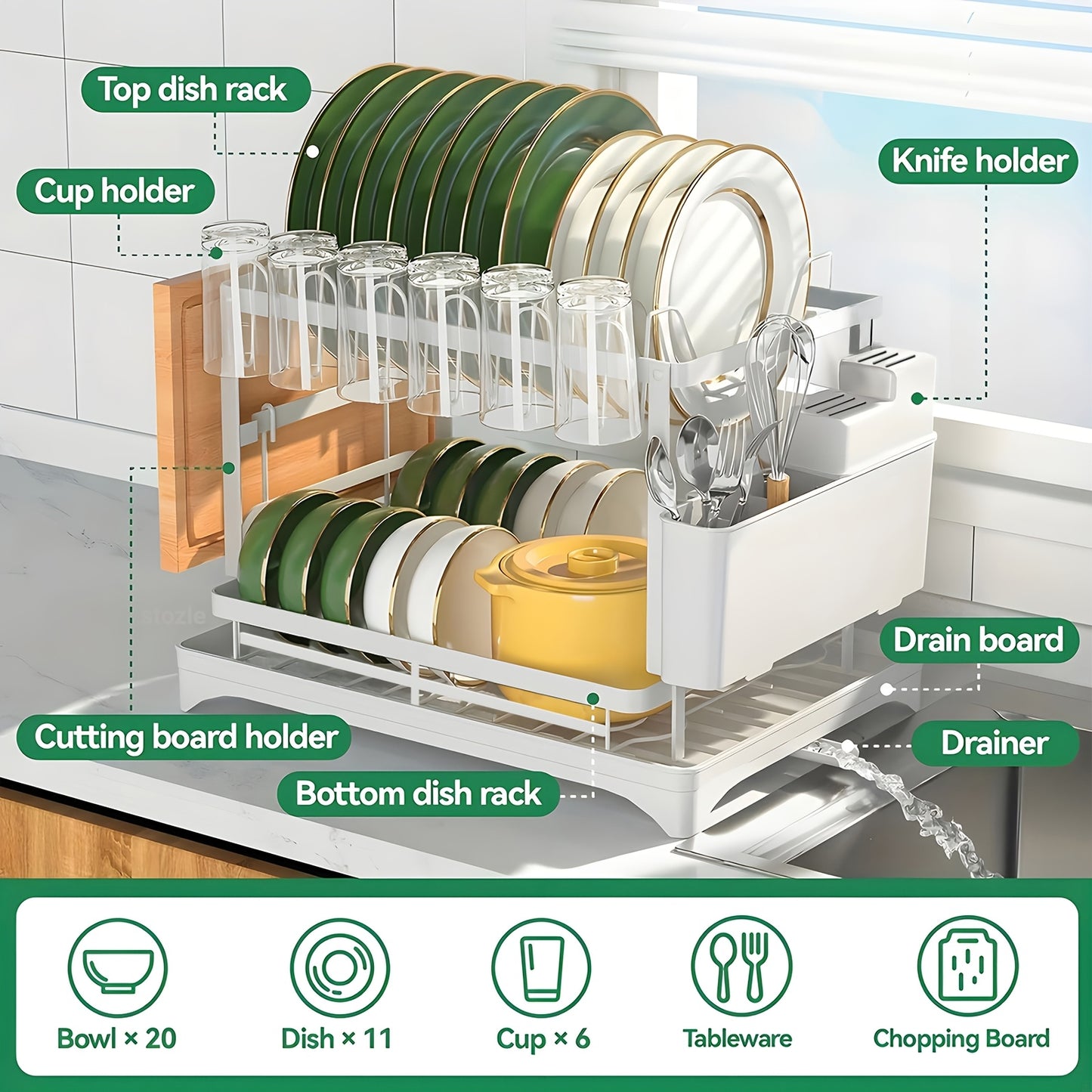 Two-Level Dish Drying Rack for Kitchen Surfaces, Dish Drainer with a Drainboard, Metal Kitchen Dish Holder with Drainage, Two-Tier Kitchen Drying Rack, Black Dish Holders