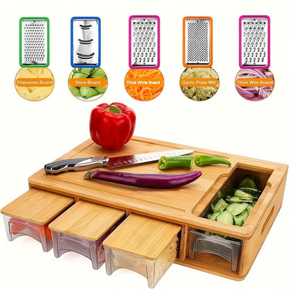 Bamboo Cutting Board with Food Container Storage Box | Food Drop Area Carving Board Cheese Shredder Juice Tank & Storage Box for Vegetables Cheese and Meat Carving Board with Easy Handgrip Cutting Board with Drawers