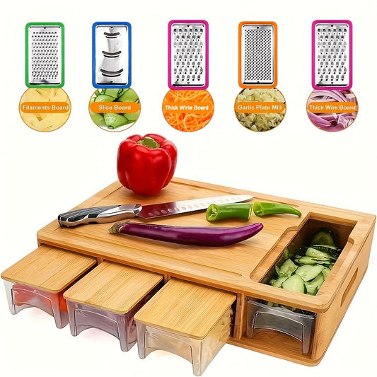 Bamboo Cutting Board with Food Container Storage Box | Food Drop Area Carving Board Cheese Shredder Juice Tank & Storage Box for Vegetables Cheese and Meat Carving Board with Easy Handgrip Cutting Board with Drawers