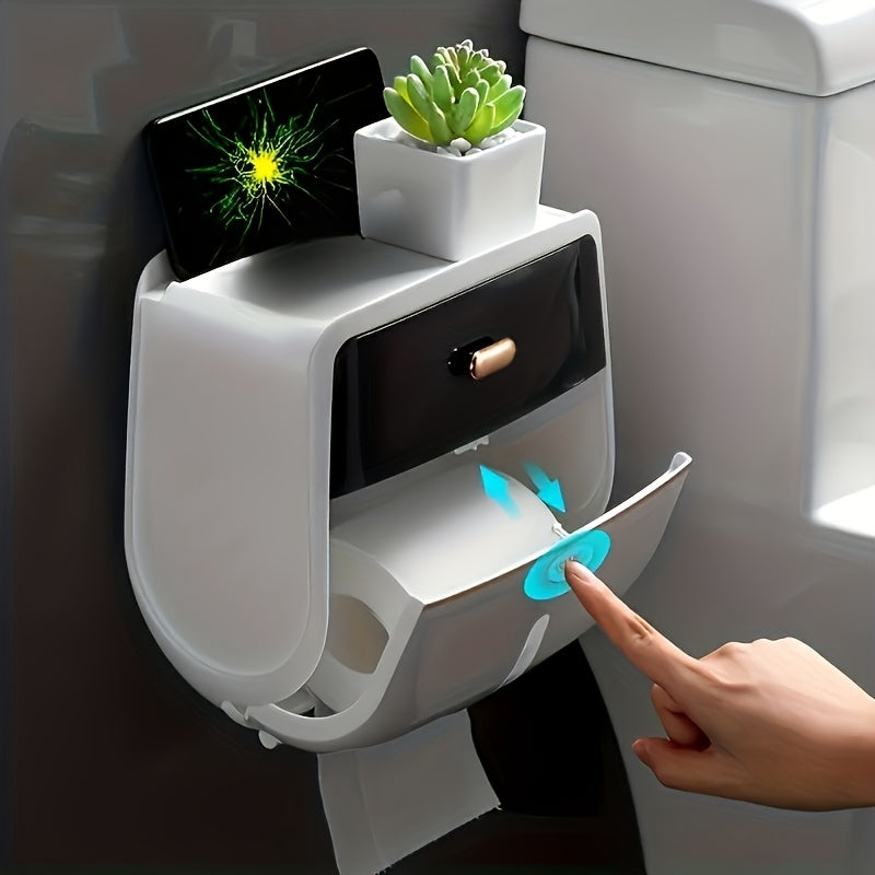 Wall-Mounted Double Layer Tissue Holder-with Storage Rack, Self-Adhesive Plastic Holder, No-Drill Installation, Polished Plastic Finish, Bathroom Organizers And Storage, Living Room & Bedroom