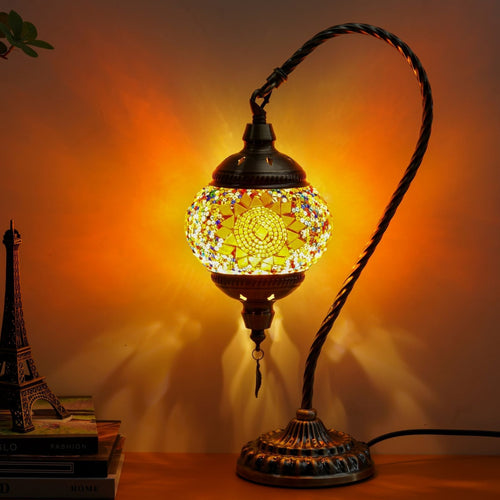 Turkish Mosaic Table Lamp, Moroccan Style Table Lamp with Metal Base 3 Colors Handmade Swan Neck Mosaic Glass Bedside Lamp for Bedroom And Living Room (LED Bulb Included)