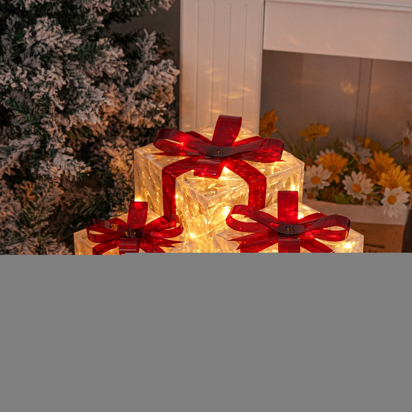 Christmas Light-Up Gift Boxes Set of 3 – USB & Battery LED Warm White Lighted Decorations with Timer, 8 Lighting Modes, Red Bow, Indoor Outdoor Holiday Home Decor