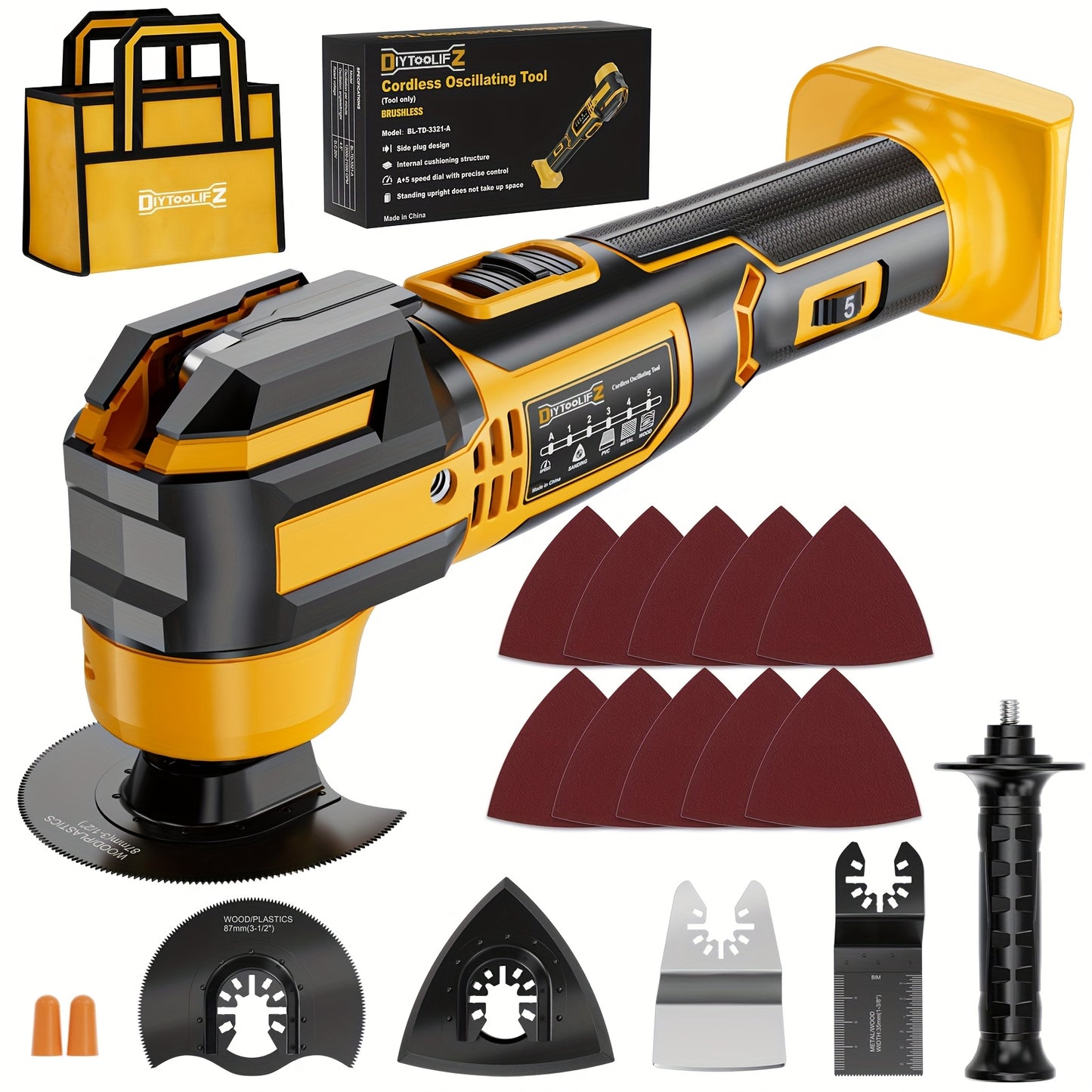 Diytoolifz Oscillating Multi Tool Compatible for Dewalt 20V/Compatible for 18V Battery: Cordless Oscillating Tool - 6 Variable Speed 21000 OPM | Brushless Motor | Woodcutting Blades And Sanding Pad with Sheets | Without Battery