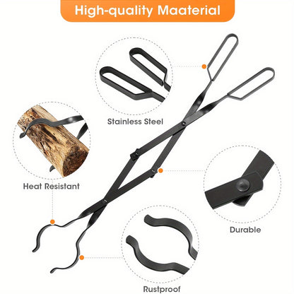 26" Fireplace Tongs, Fire Pit Accessories for Outside, Firewood Tongs, Heavy Duty Wrought Iron Fire Pit FireTongs, Log Tweezers for Stove Camping Fire Pit Tools Indoor/Outdoor
